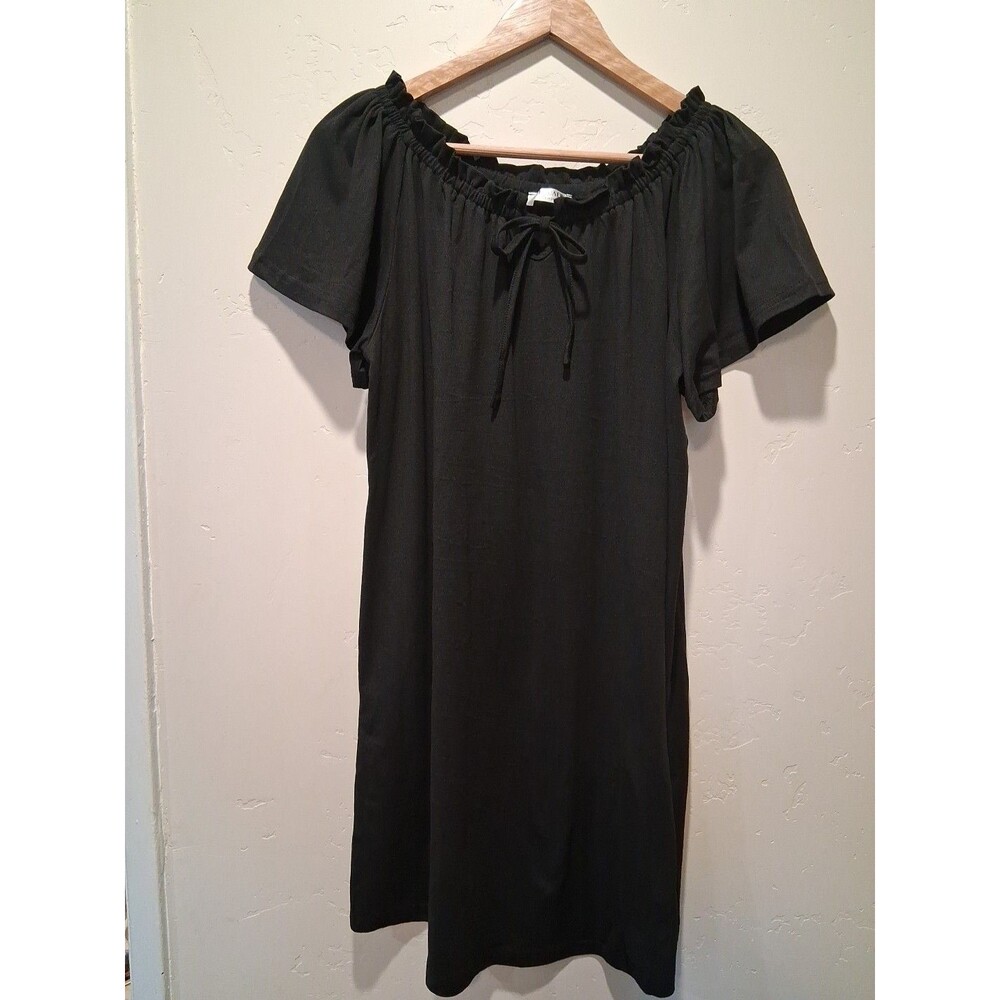 Ekouaer Womens Black Sz M Short Sleeve Knee Ruffled Neckline Tie Sleepshirt Soft